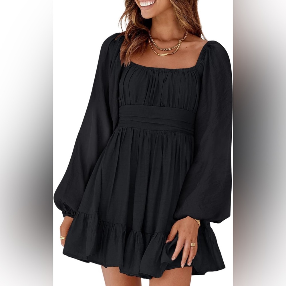 Dokotoo Long Lantern Sleeve Square Neck Tie Back Ruffle Elastic Waist Mini Dress